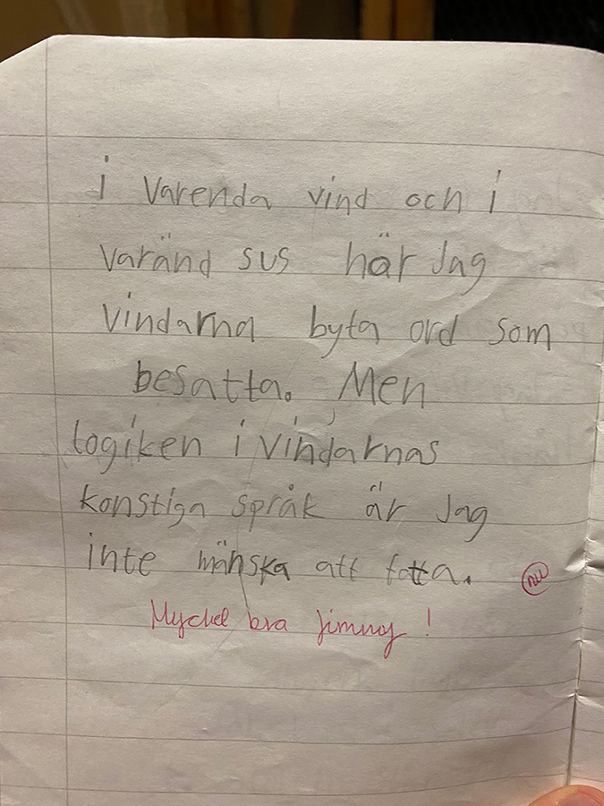 En text om vindarna skriven av Jimmy, Klass 2A på klockarpskolan.