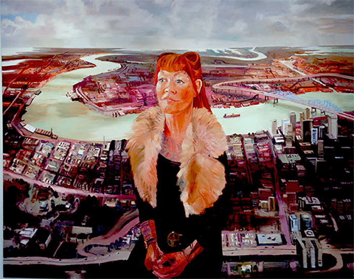 Målat porträtt på en kvinna med rött hår i förgrunden och en stor stad i bakgrunden.