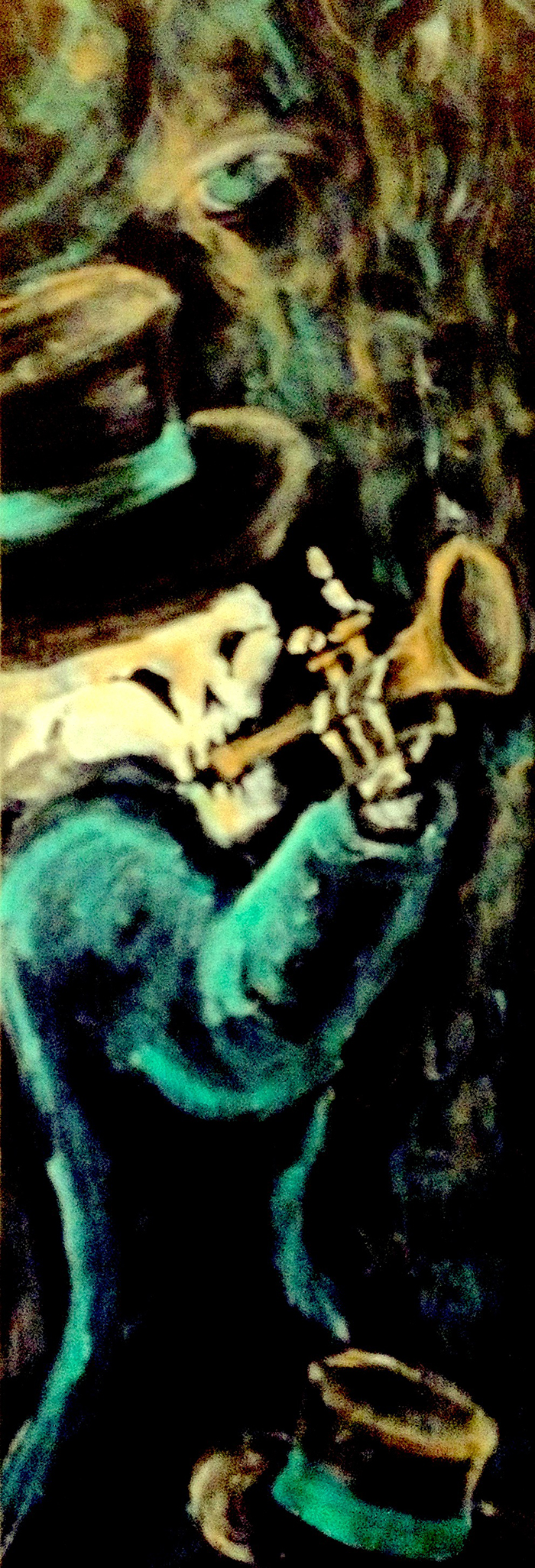 Målad bild av ett skellett som spelar trumpet.